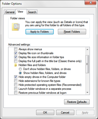 Windows Explorer: Tools &gt; Options